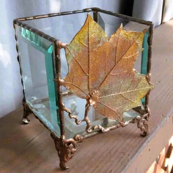 Dipped Electroplated Iridescent Copper Maple Leaf in a Beveled Glass Square - Picture 7 of 8